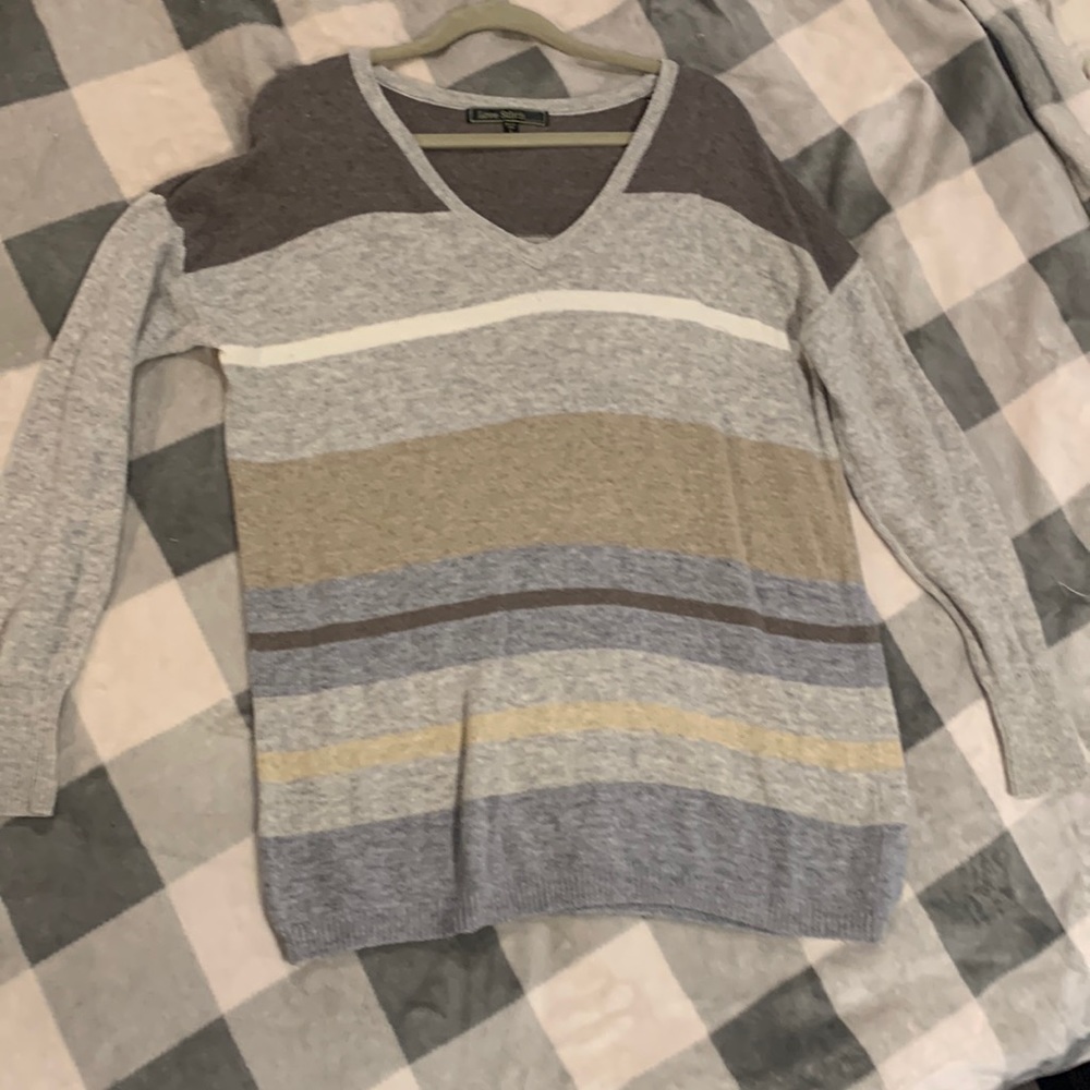 Brown, Greys, White, and Tan Striped Sweater